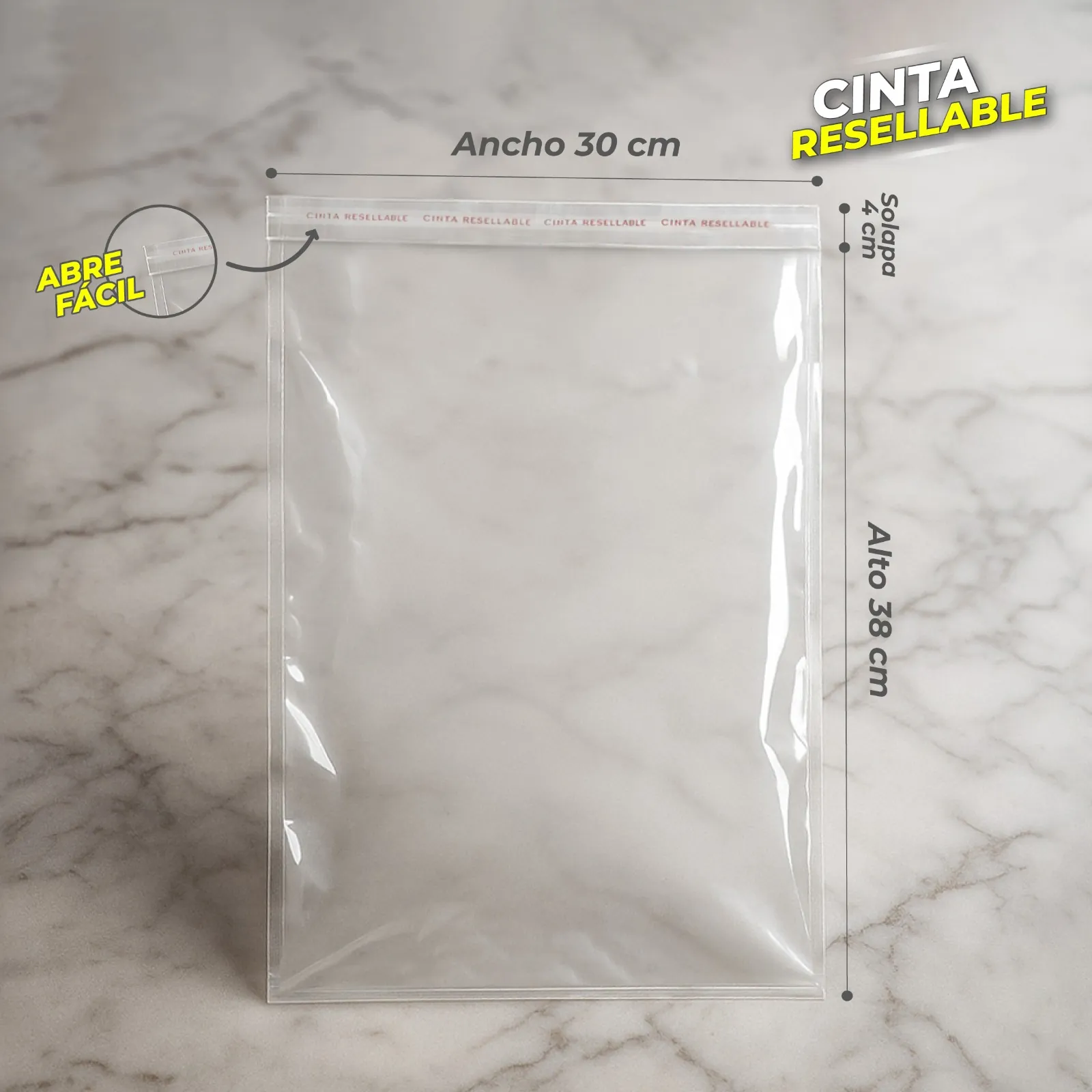 Bolsa de Polipropileno con Cinta Resellable de 30cm X 40 cm Medidas
