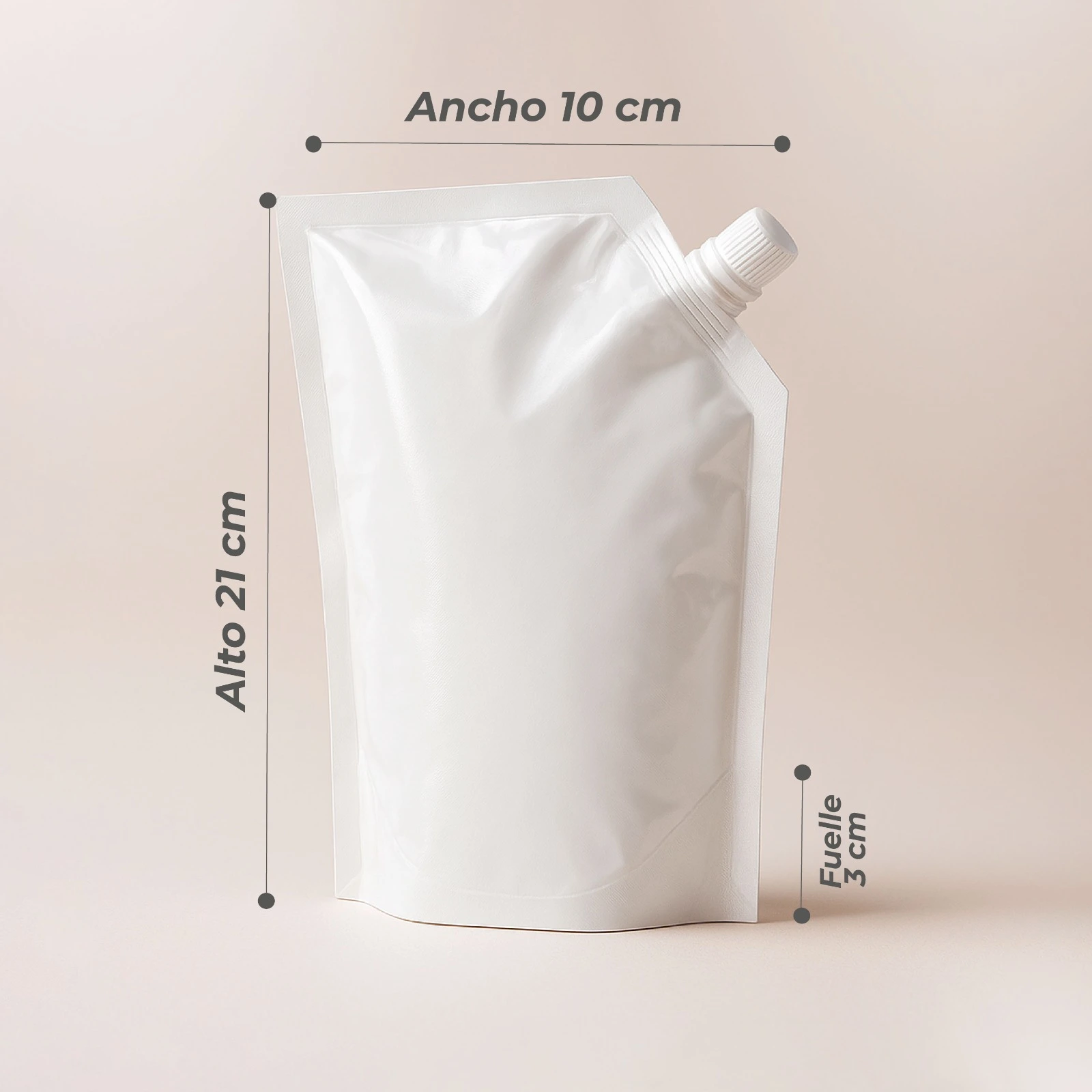 Bolsa Doyoack con válvula de 250 ml Blanca con tapa de 15 mm medidas